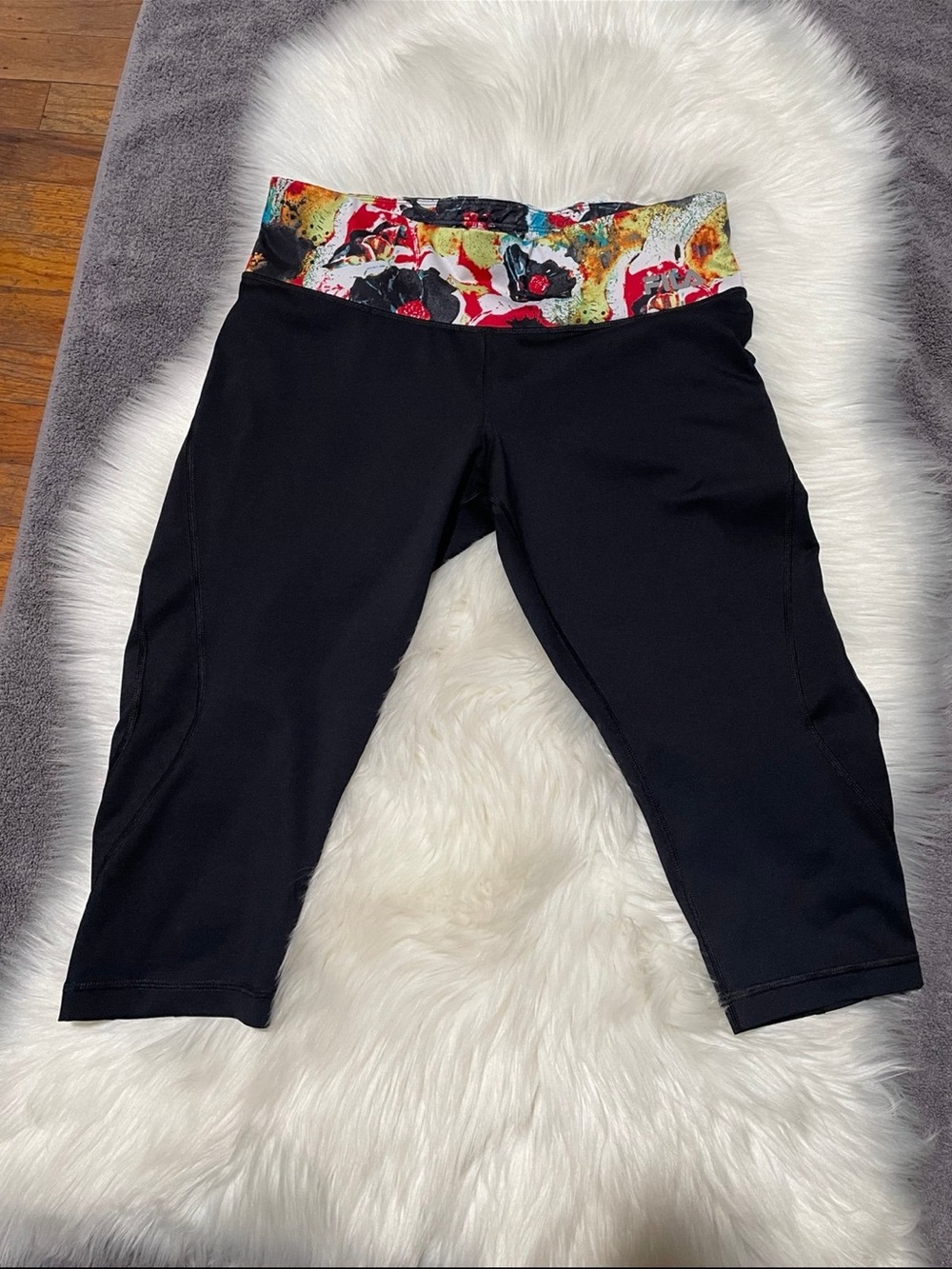 Fila Black Capri Leggings with Multicolor Floral Waistband